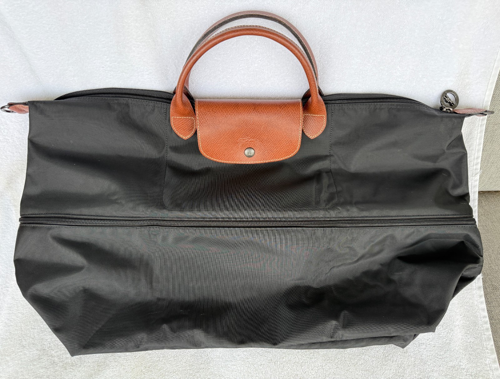 Longchamp Le Pliage Boston Bag Travel Bag Black Leather Nylon Expanding