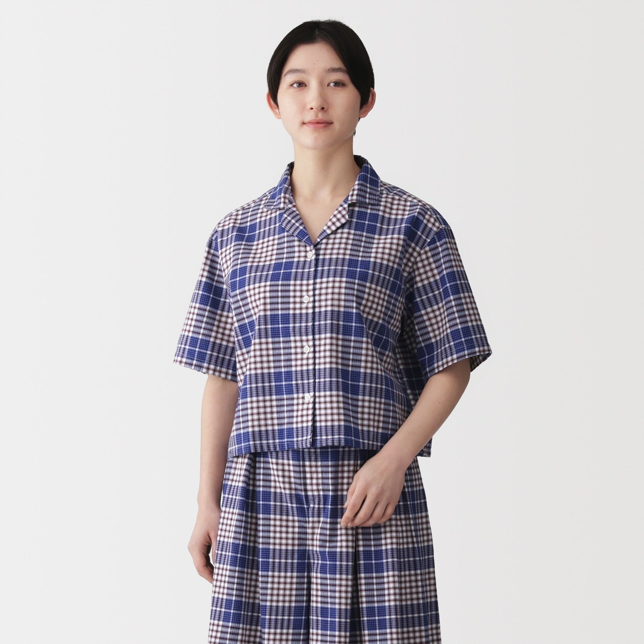 MUJI Womens 100% Organic Cotton Madras Check Cropped Shirt Blue FedEx