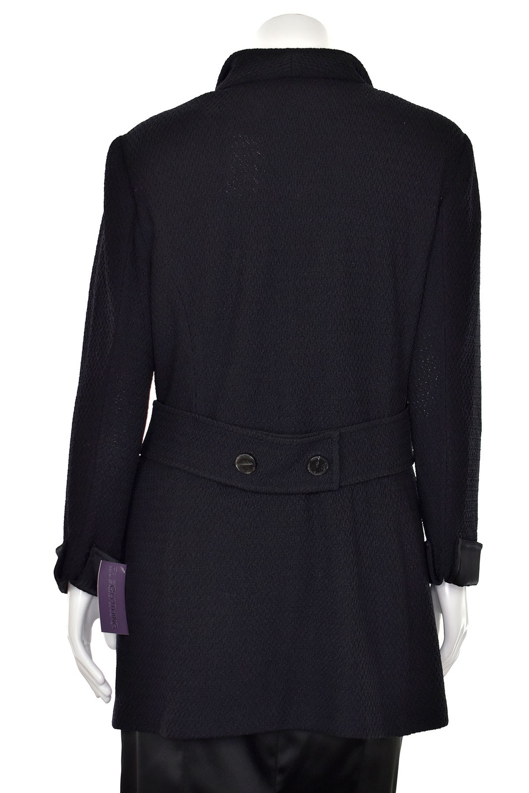 St. John Knits Black Jacket sz 16 – Long Black 1-Button Jacket w/ Satin Cuffs