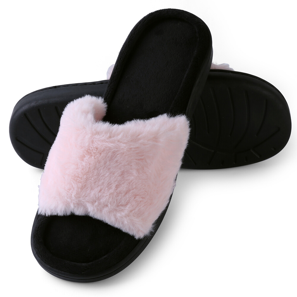 Aerusi Women Fuzzy Comfy Slide Open Toe Memroy Foam Slippers House Bedroom Shoes