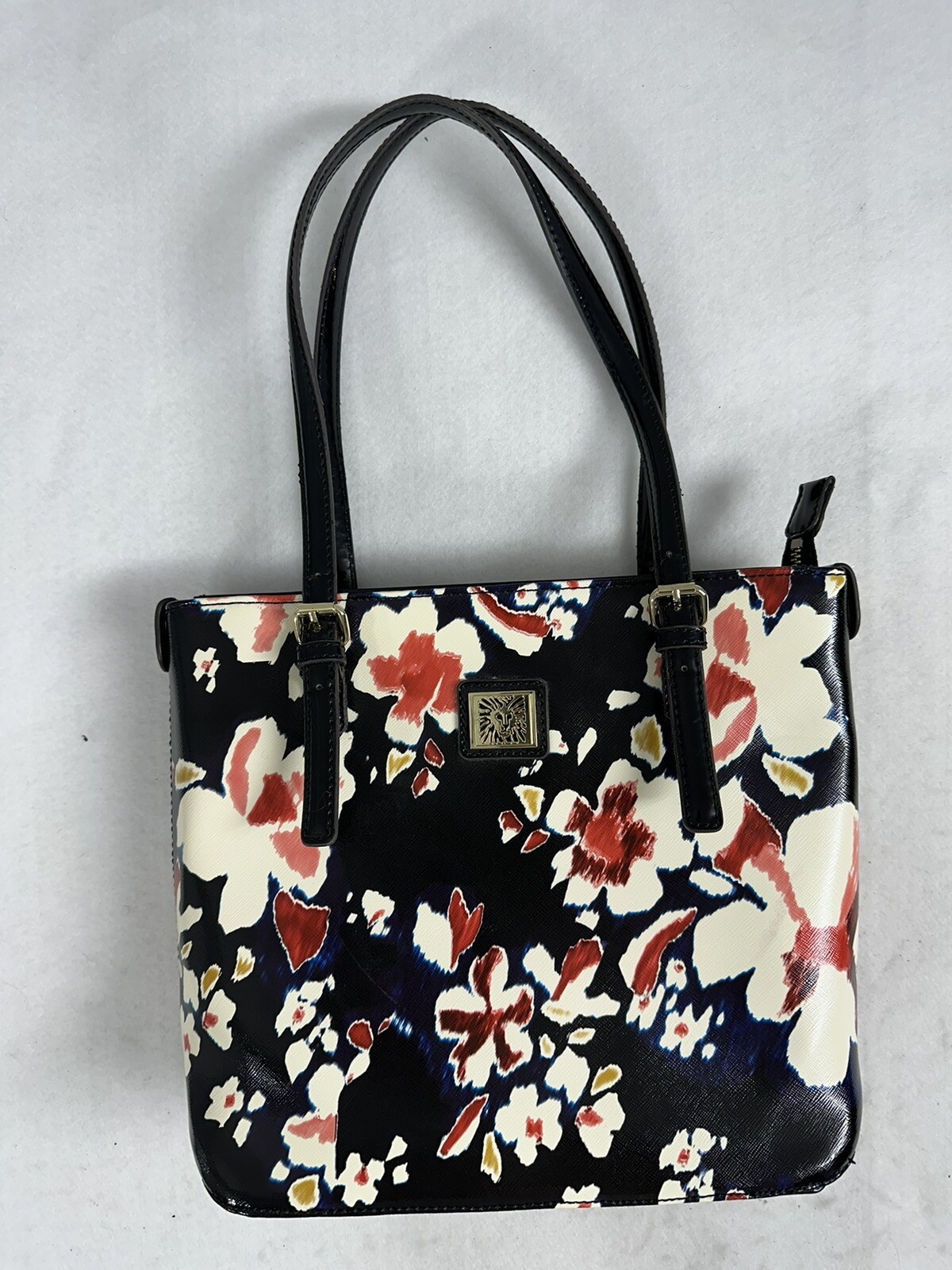 Anne Klein Shoulder Tote Bag Black Multi-Color Floral Purse Medium Adjustable