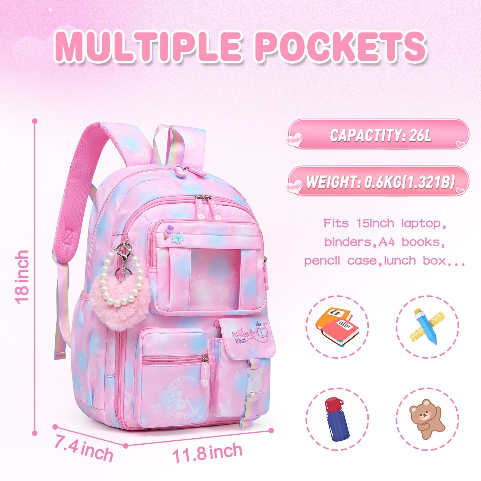 17 inch Pink Sweet Girls Backpack Splash-resistant School Bag Laptop Compartment