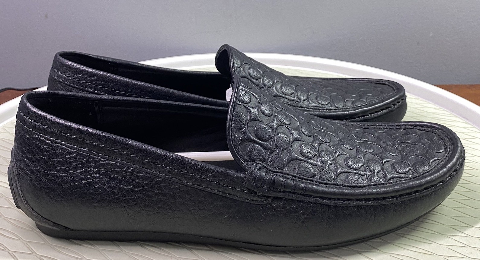 Coach Black Leather Jake 6CM Men’s Driving Loafer Shoes Signature C 7.5 M EUC