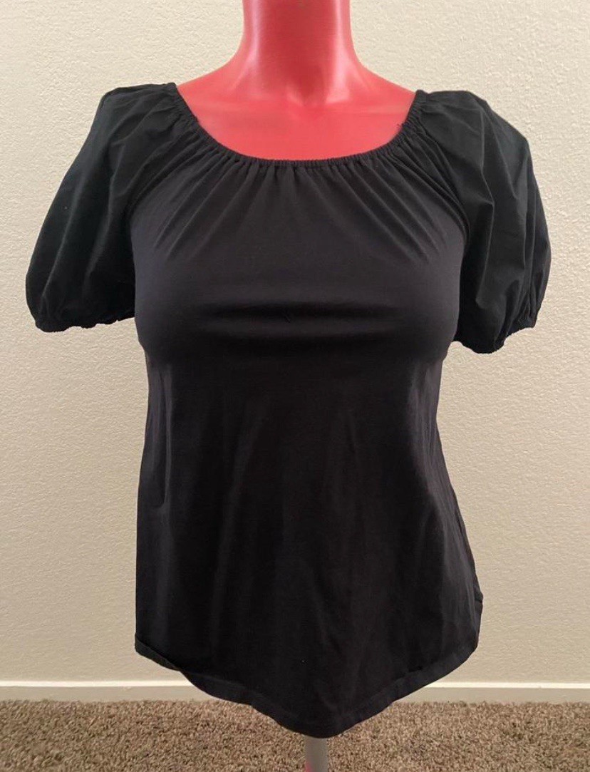 Black Puff Sleeve Top Open Cutout Bow Tie Back Milkmaid Blouse Women’s Size S