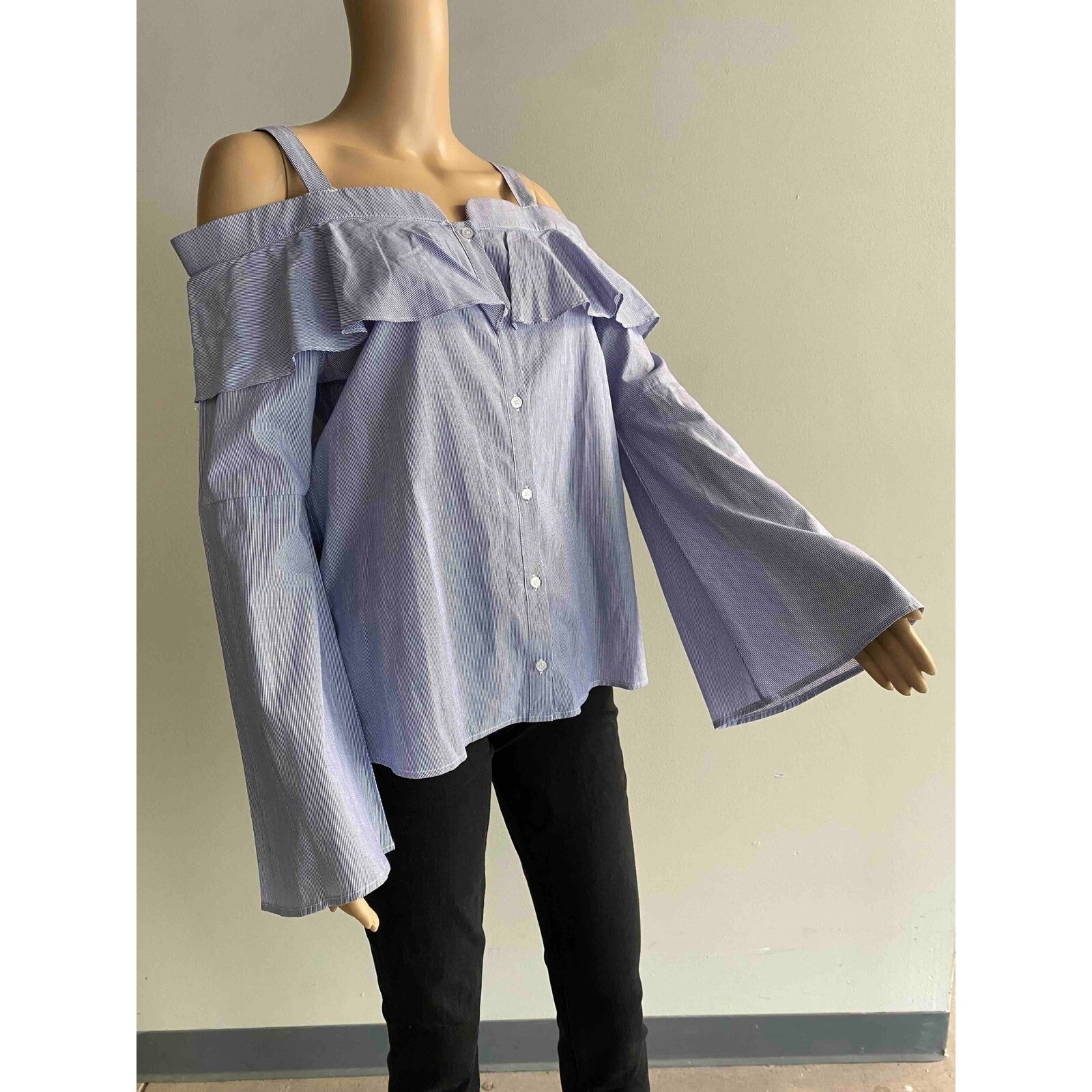 Trouve Blue White Striped Off Shoulder Ruffle Bell Sleeve Cotton Blouse Small