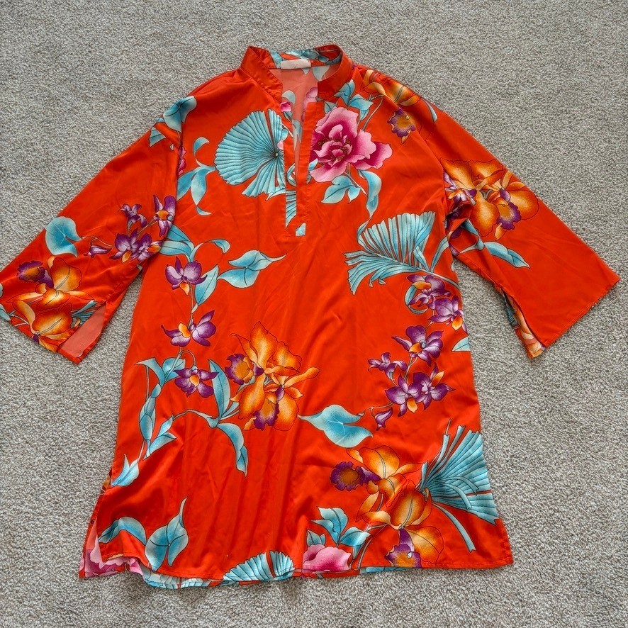 Natori Satin Kimono Caftan Womens XL Orange Floral Tunic Asian Inspired
