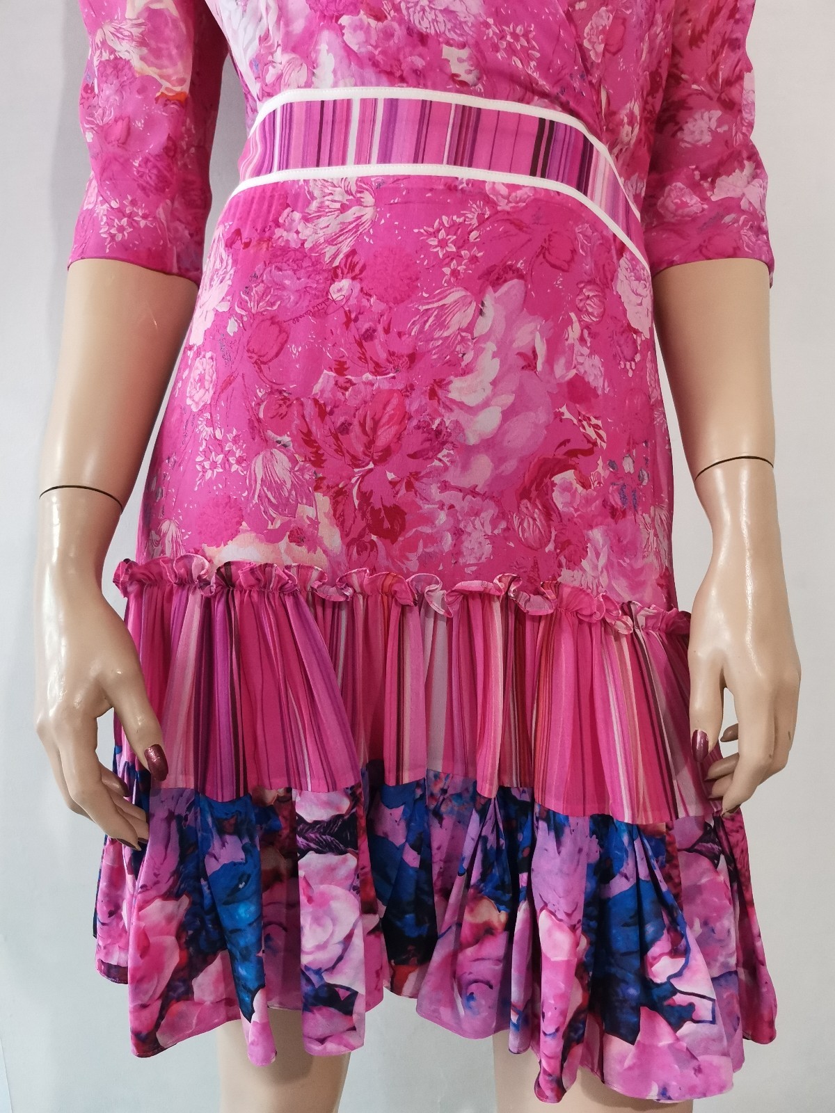 Roberto Cavalli Vintage Floral Print Silk Chiffon Sheer Ruffle Dress IT38