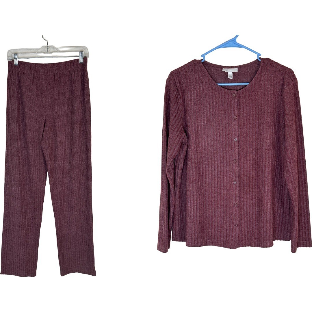 Berkshire Homewear 2pc Lounge Set Womens XS Burgundy Ribbed Cardigan Pants