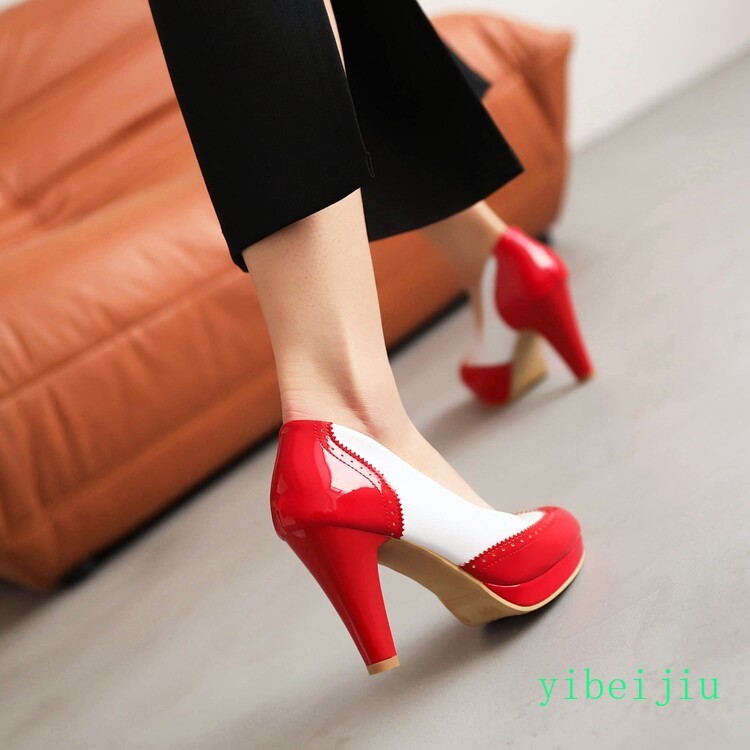 Women’s Fashion High Heel Dress Pumps Two Tone Colorblock Leather Shoes Wing Tip