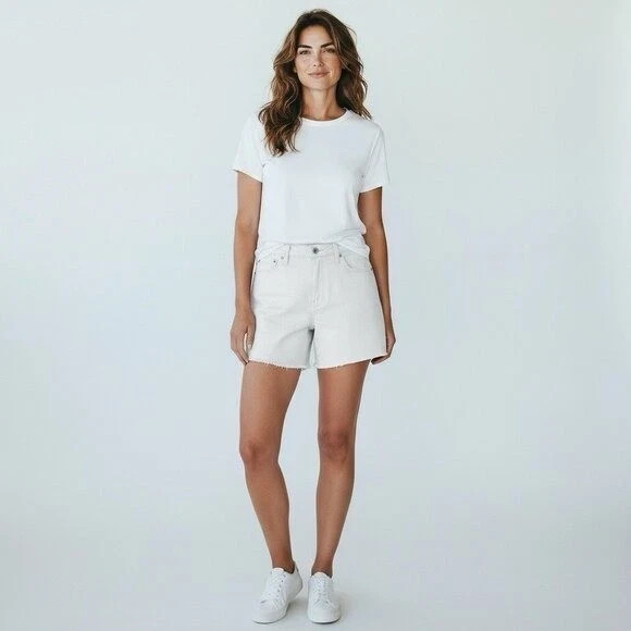 Seven7 Women’s 5″ Fray Hem Mid Rise Comfortable Denim Weekend Short Off White 10