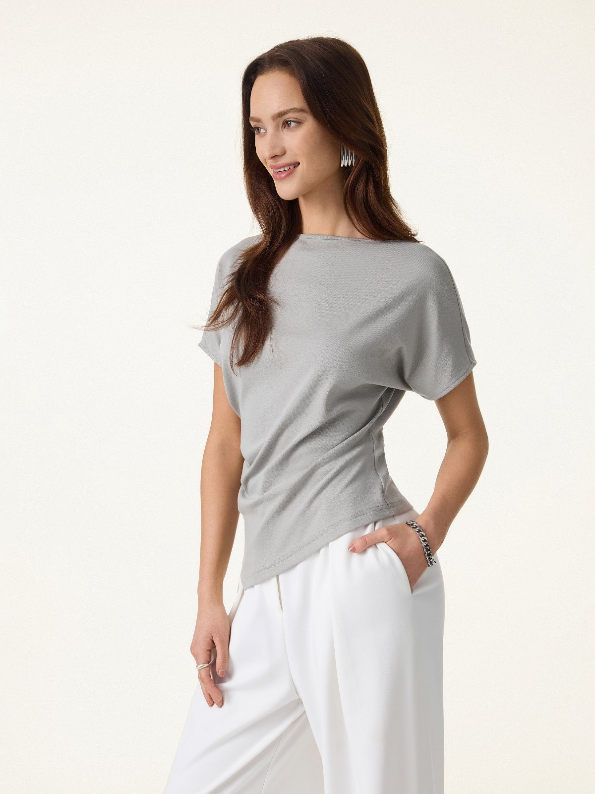 Oglmove Cotton Lyocell Boatneck Angled Summer Tee Light Gray FAST SHIPPING !