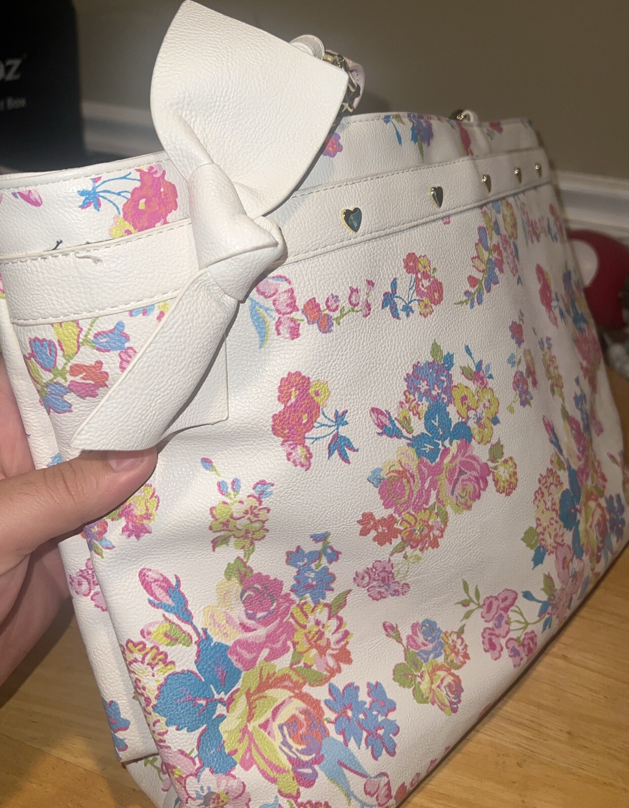 Betsey Johnson Tote Handbag Bakery Floral Big Bow Chain Strap Accent Logo Spring
