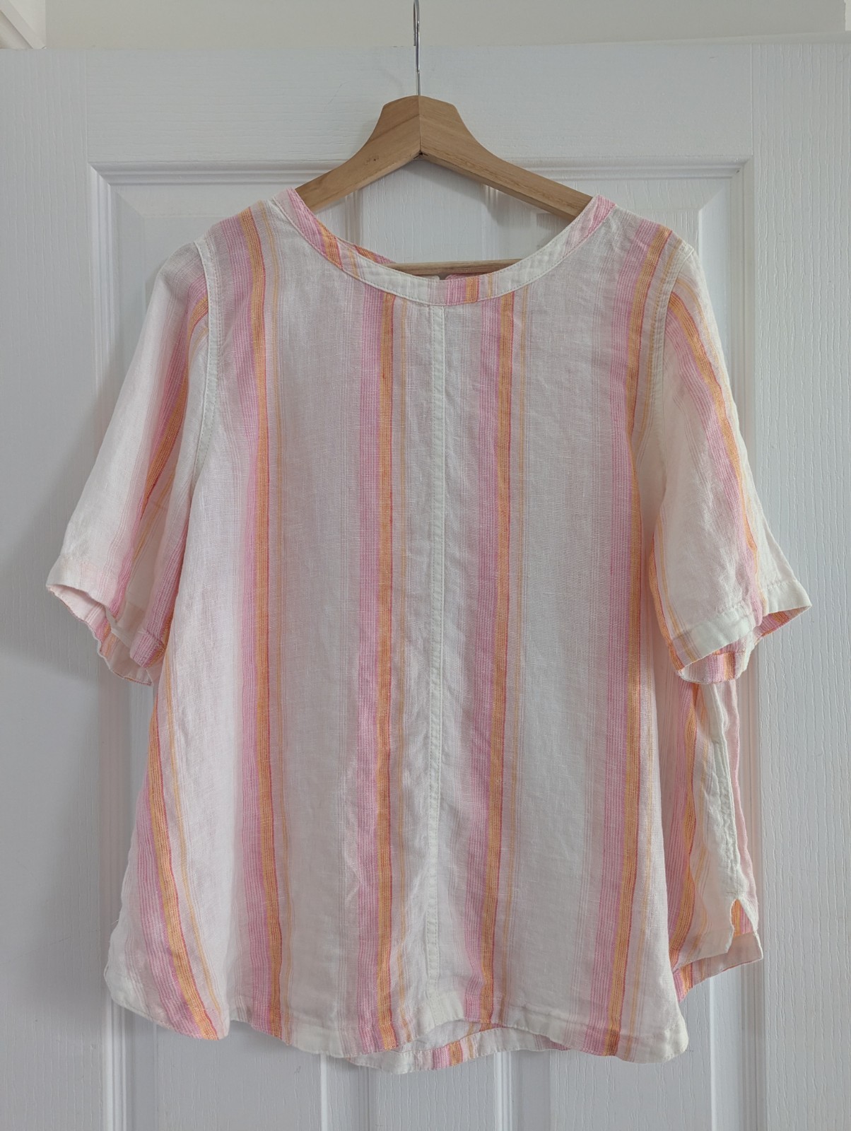 M&S Women’s Striped Blouse 100% Linen Pink White Size 16 Lagenlook Short Sleeved