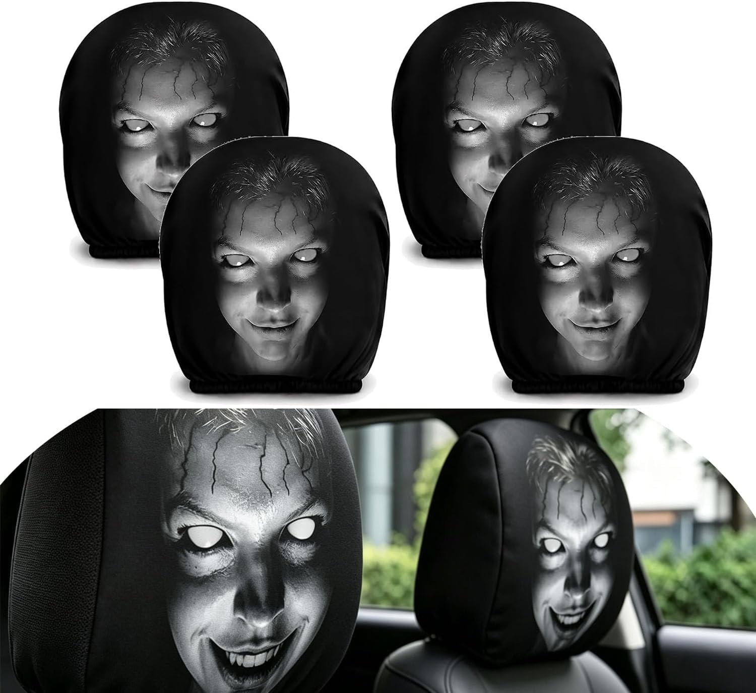 4 Pcs Ghost Face Headrest Covers for Car, Scary Face Printing Auto Seat