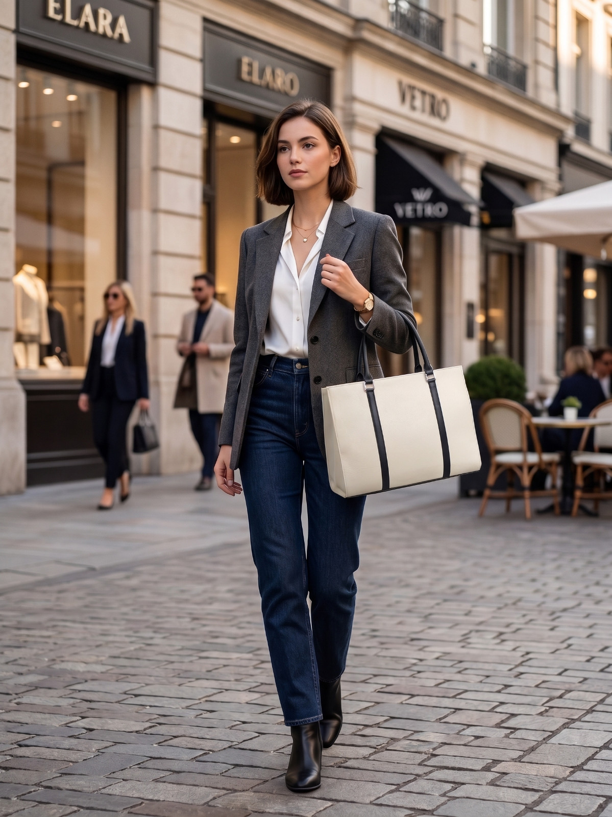 Elegant Ivory White Office Bag for Women with Contrast Black Handles