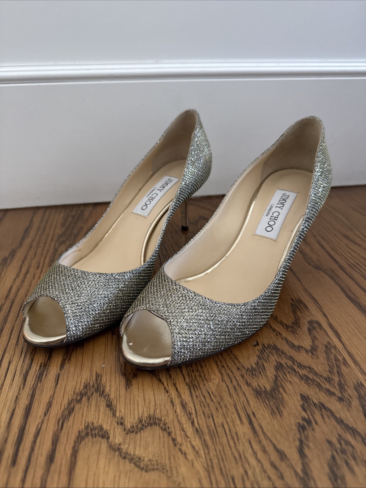 JIMMY CHOO 37 US 7 Evelyn Gold Silver Glitter Sparkle Open Toe Pump Heels