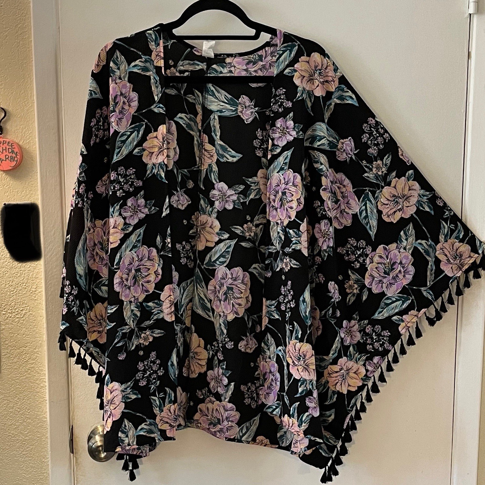Floral Shawl Poncho Cover Up Tassels Flowy Beachy Feminine Coverup Lightweight