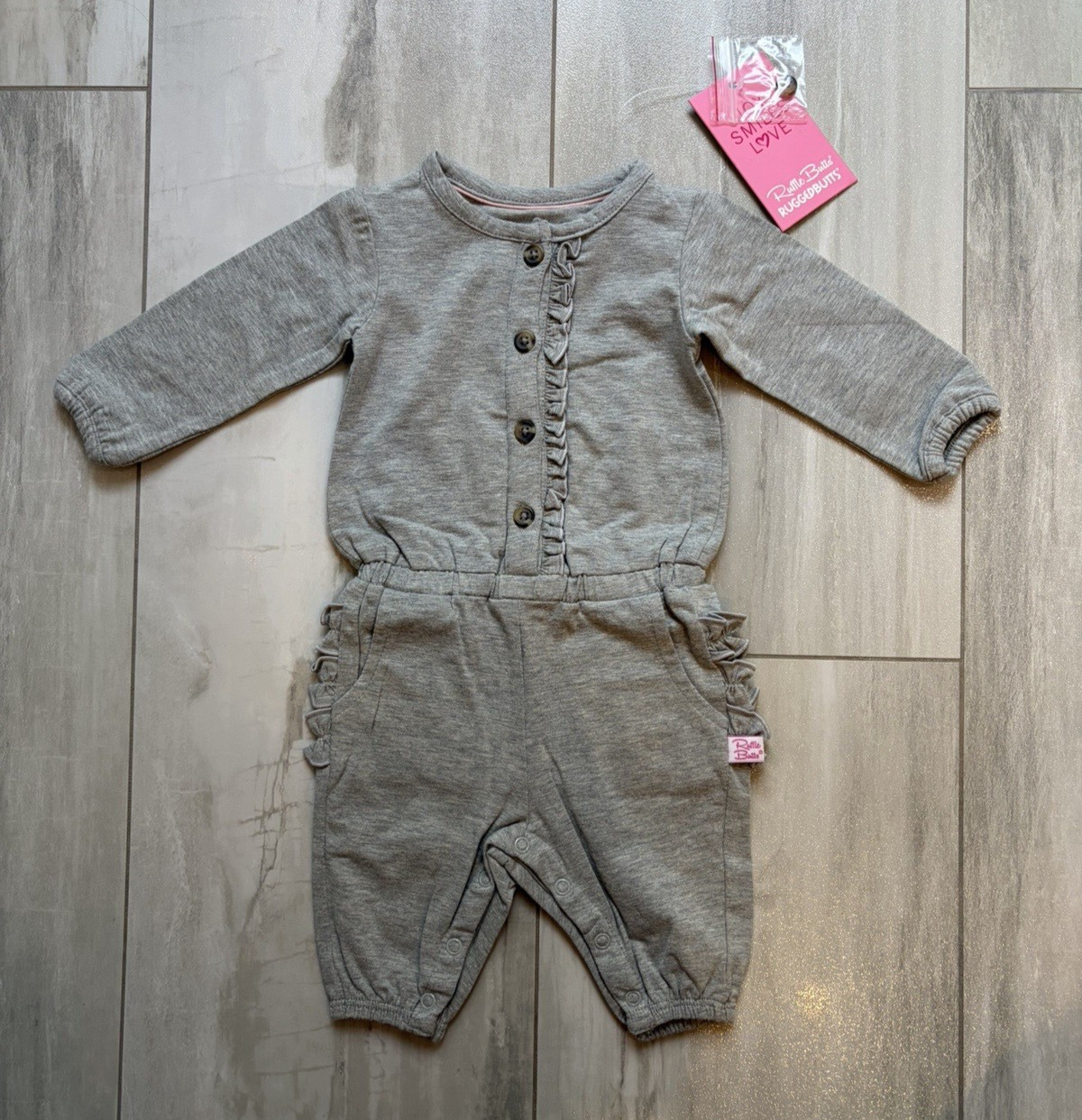 New RuffleButts Heather Gray Full Length Elastic Waist Ruffled Romper Girls 0-3M