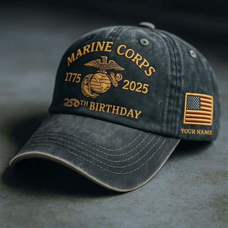 U.S. Marine Corps 250th Birthday Hat, Custom Name Military Veteran Cap