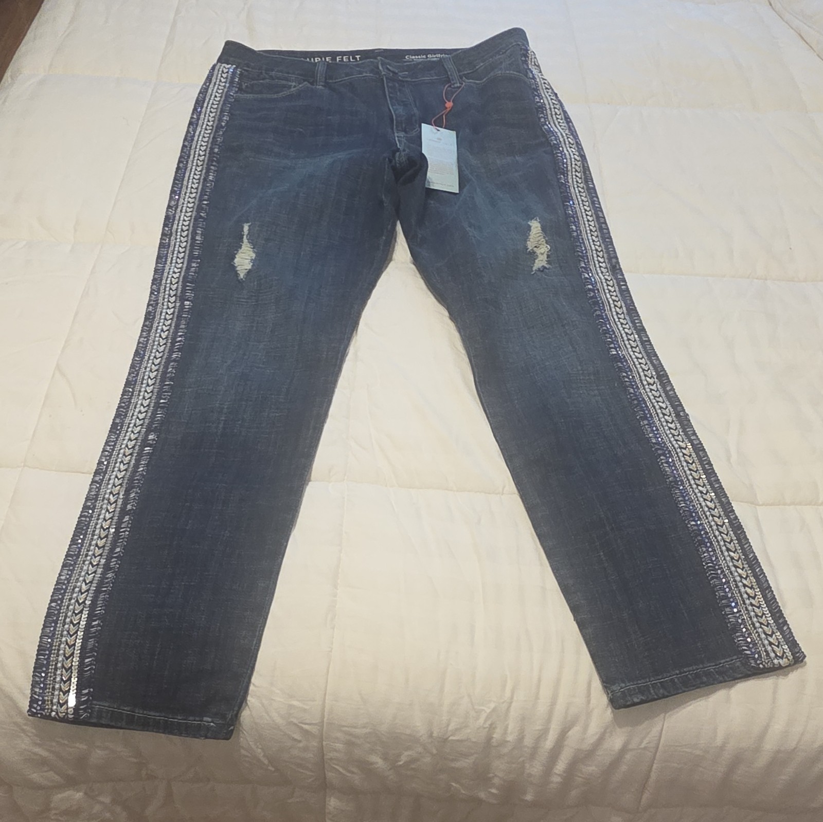 Laurie Felt Women’s Dark Wash Blue Denim Jeans Embellished Stripe Size 8