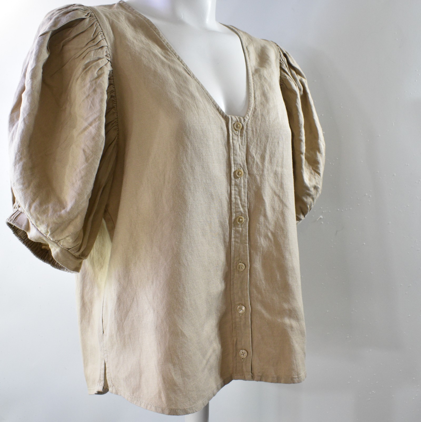 New Express Blouse Tan Linen Balloon Sleeve Shirt V Neck Button Top Boho Women M