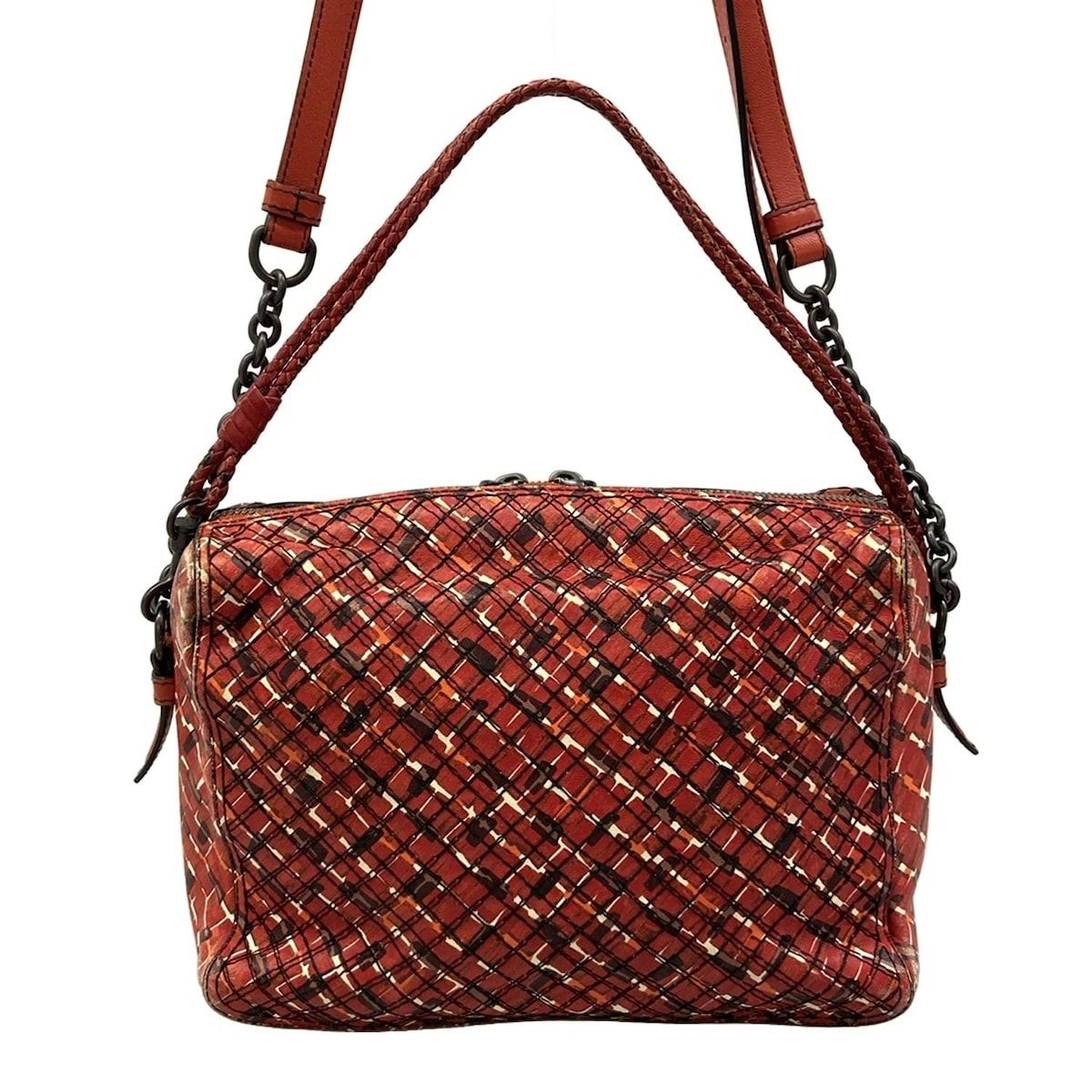 BOTTEGA VENETA Shoulder Bag Red x Dark Brown x Multi Chain Shoulder Stitch Leath