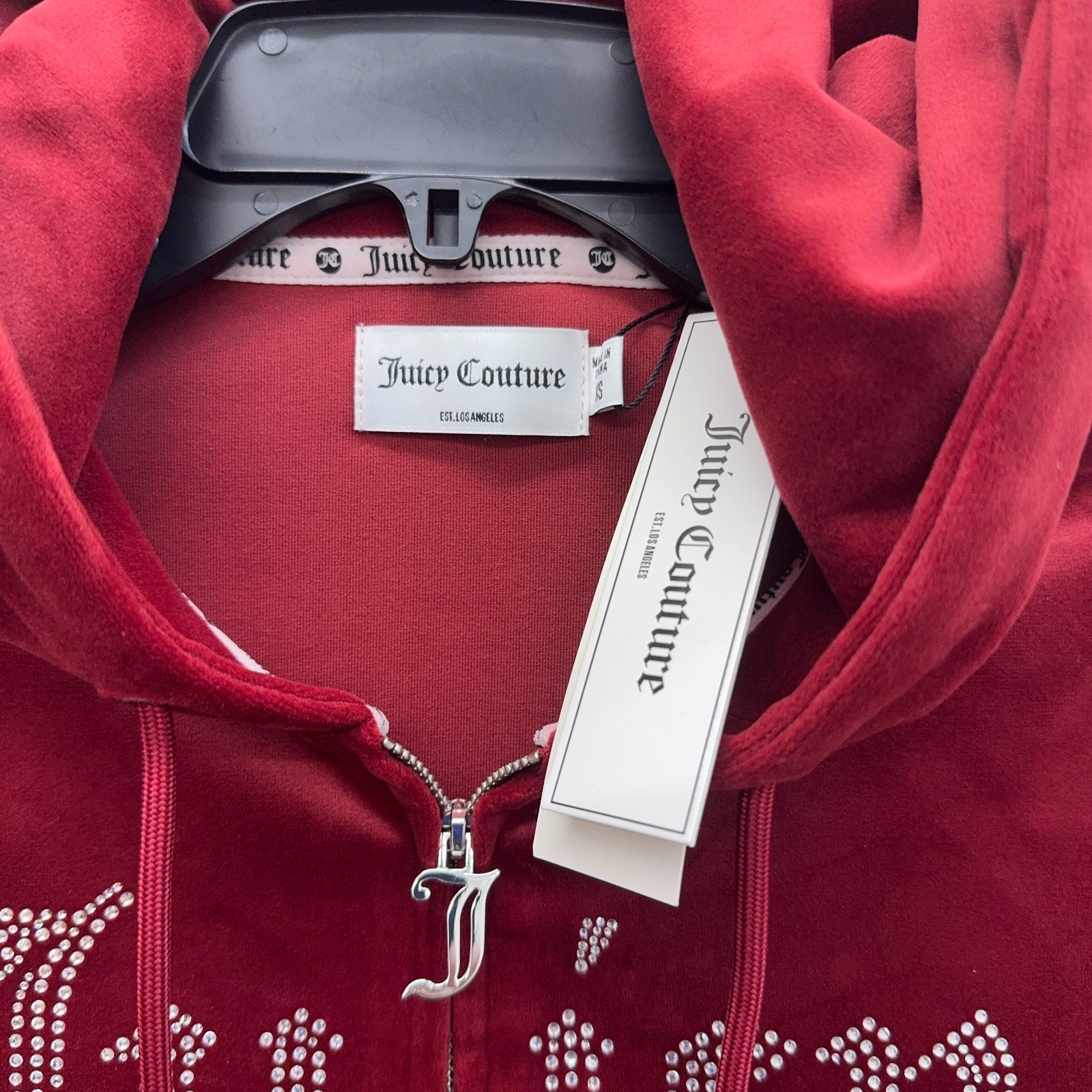 Juicy Couture Red Velour Bling Front Full Zip Hoodie Women’s Size XS NEW