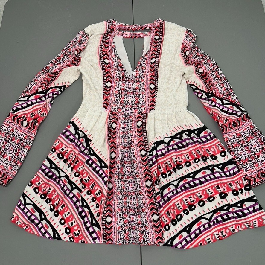 Free People Dress Women Dress 4 Pink Tegan Mini Dress V Neck Long Sleeve Boho