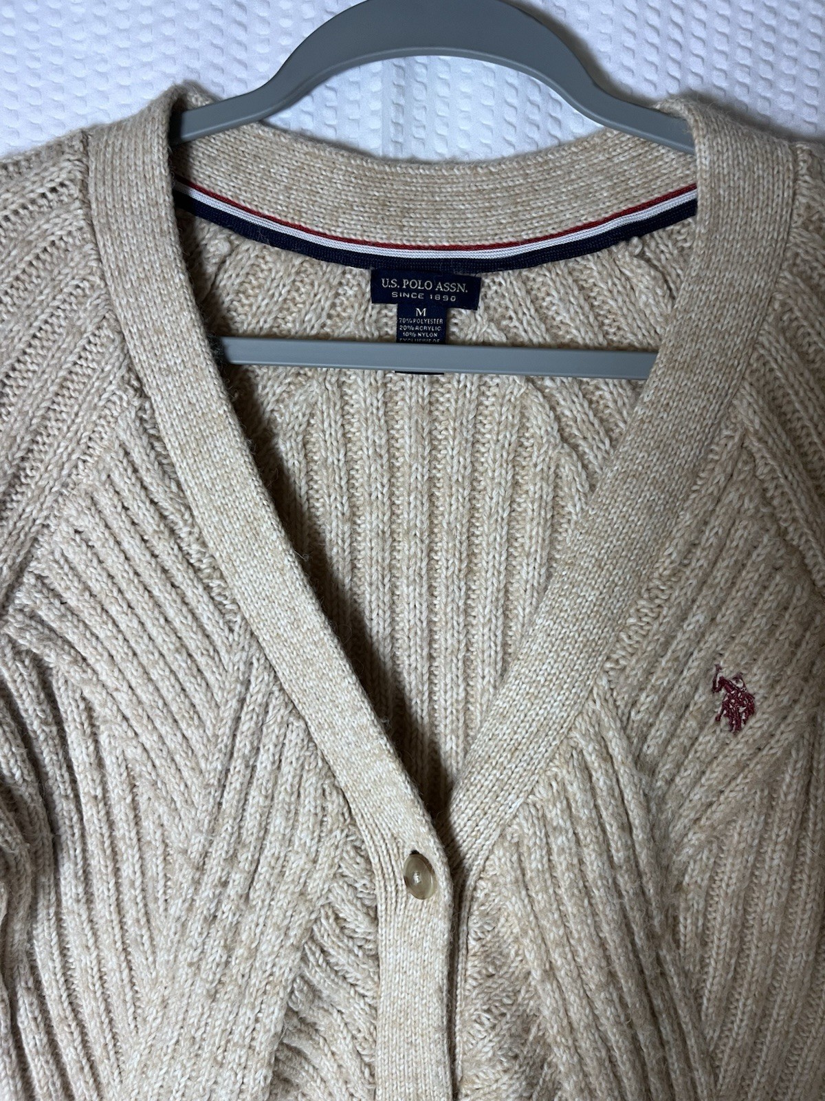 U.S. Polo Assn. Chunky Ribbed Knit Cardigan Oatmeal Beige Coastal Grandmother
