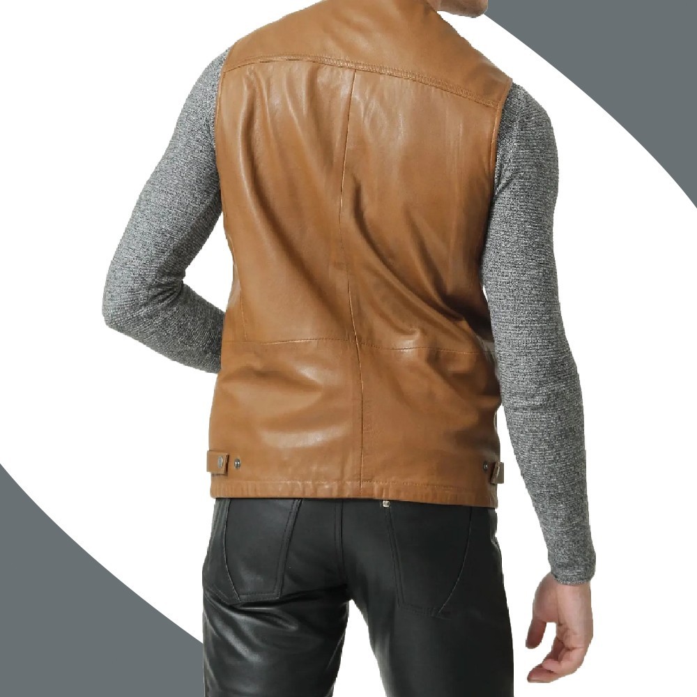 Men’s Tan Brown Leather Motorcycle Vest Cognac Motorbike Waistcoat Gilet Jacket