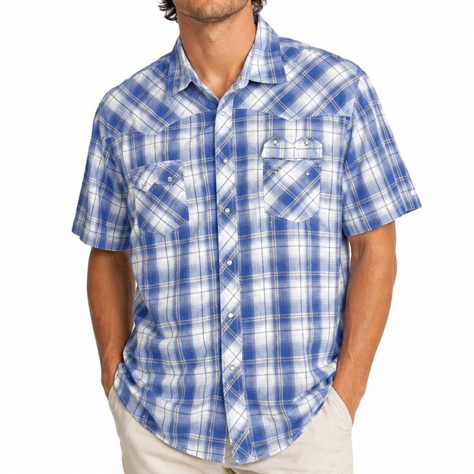 Wrangler Western Shirt Mens 2XL Blue Plaid Pearl Snap Short Sleeve WMS46PL