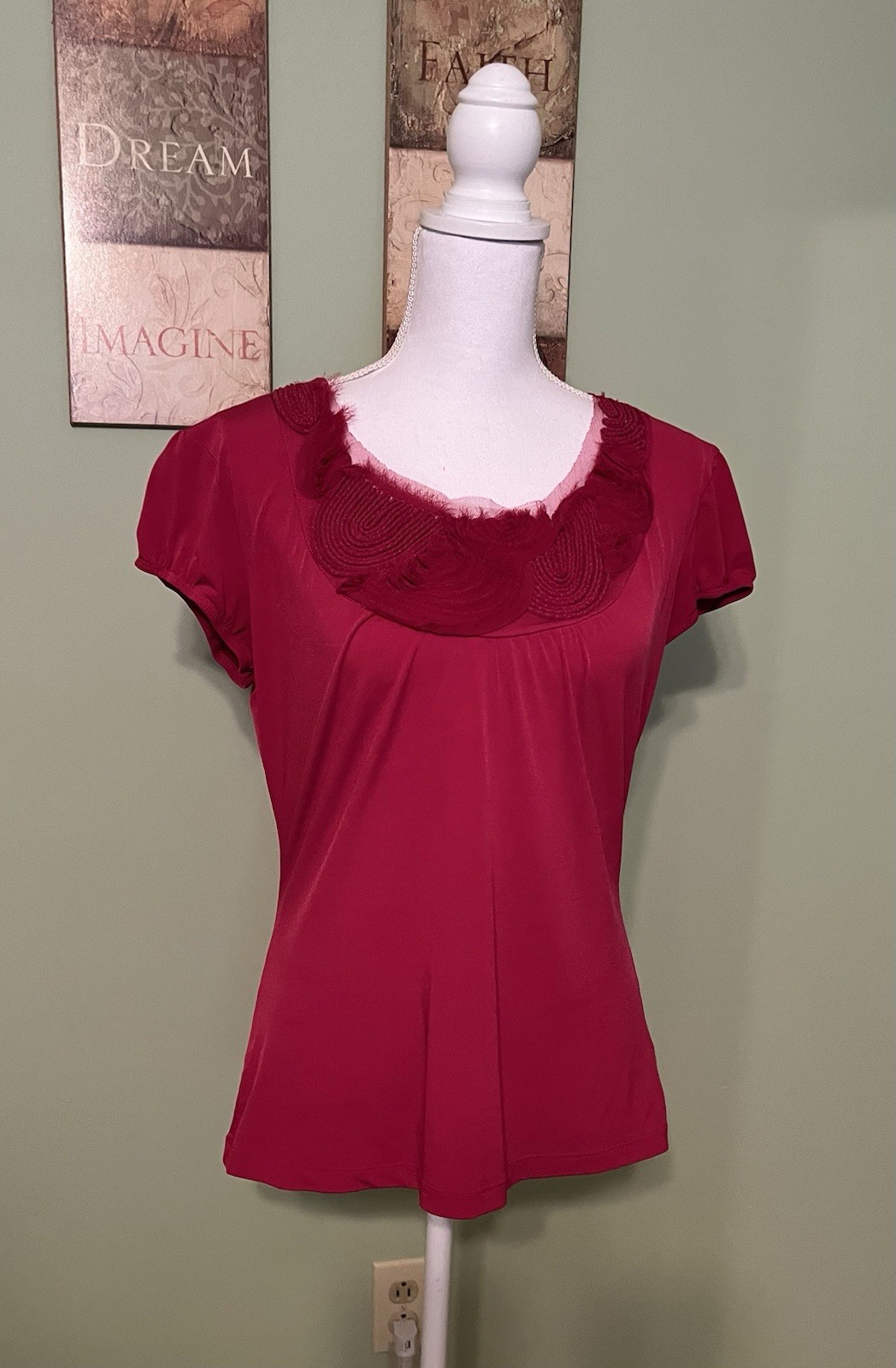 Worthington Cranberry Colored Short Sleeve Top With Embellished Neckline- Size M
