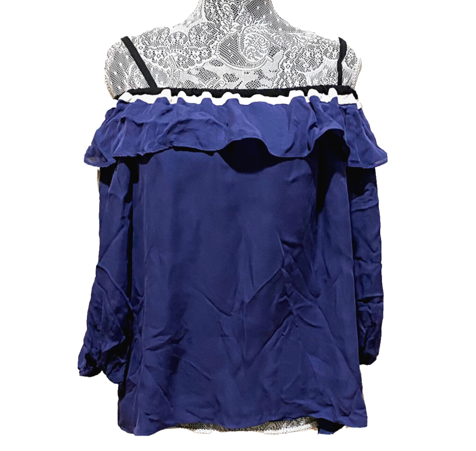 Parker Silk Tunic Top Blue Off Shoulder Ruffle Overlay Spaghetti Strap Shirt