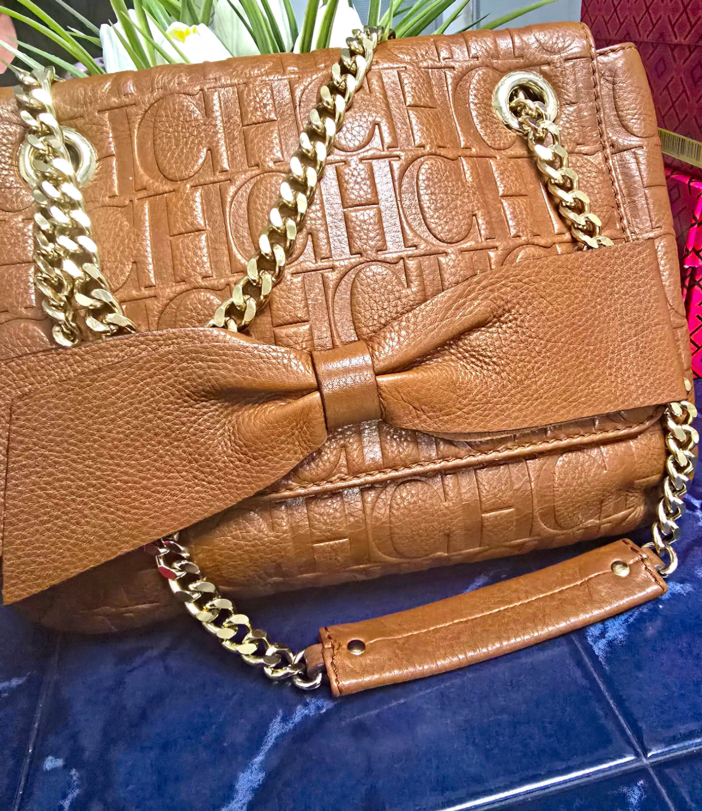 Carolina Herrera Brown Embossed Logo Small Shoulder Bag Gold Chain Bow