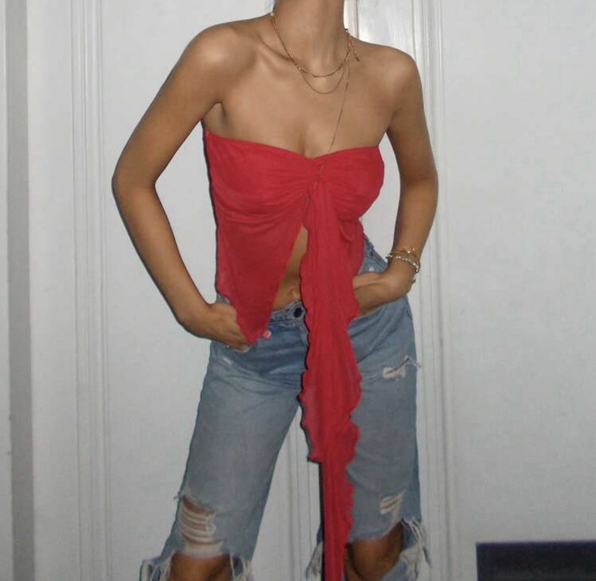 Red Sheer Mesh Strapless Tie-Front Tube Top