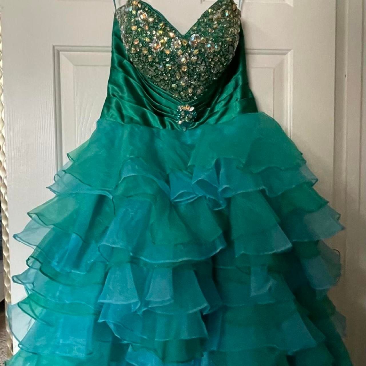 Emerald and Teal Ombre Ruffled Ballgown Prom Quinceañera Dress