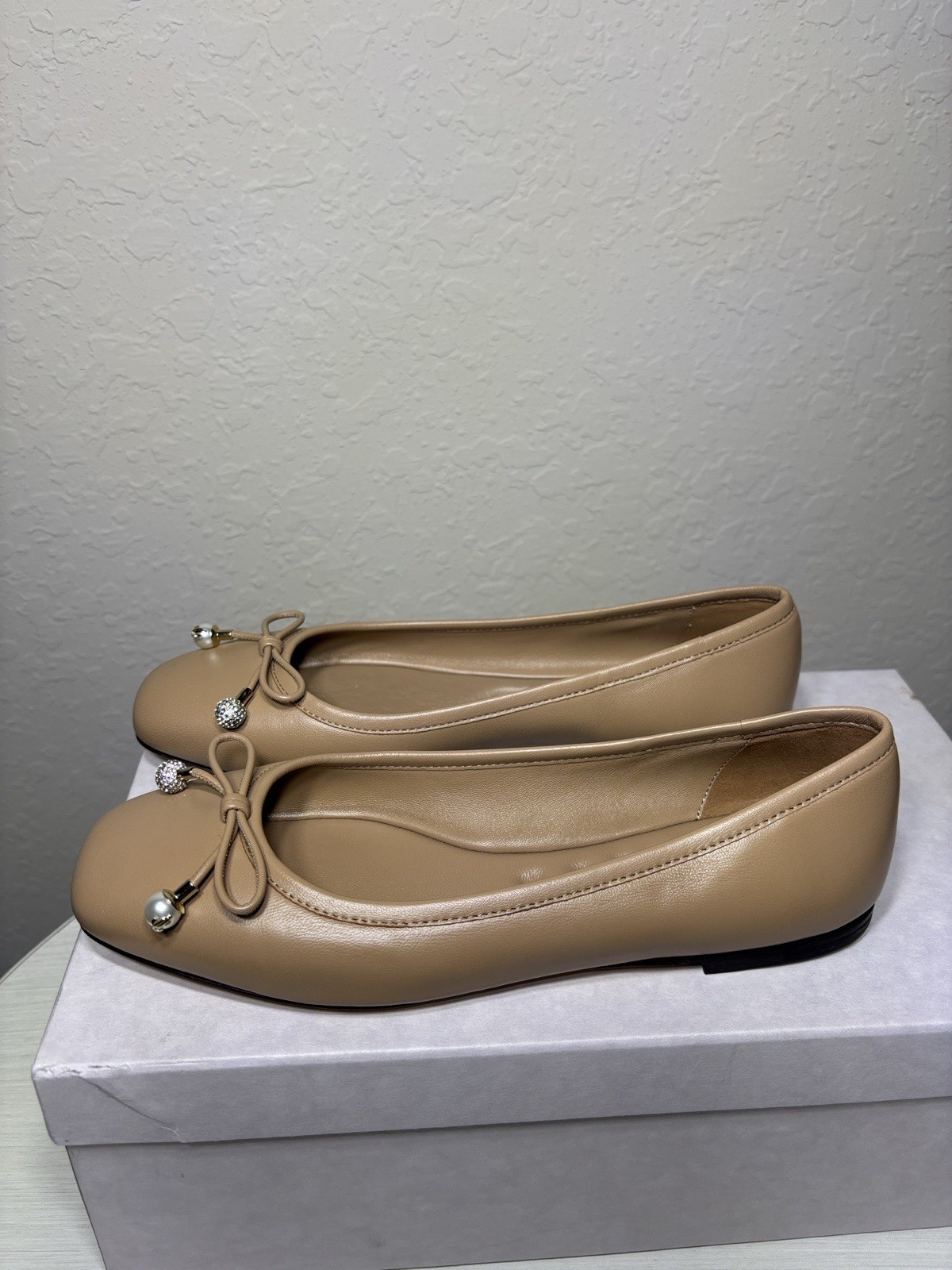 Jimmy Choo “Elme” Biscuit Nappa Leather Pearl Crystal Bow Ballet Flats 36 NIB