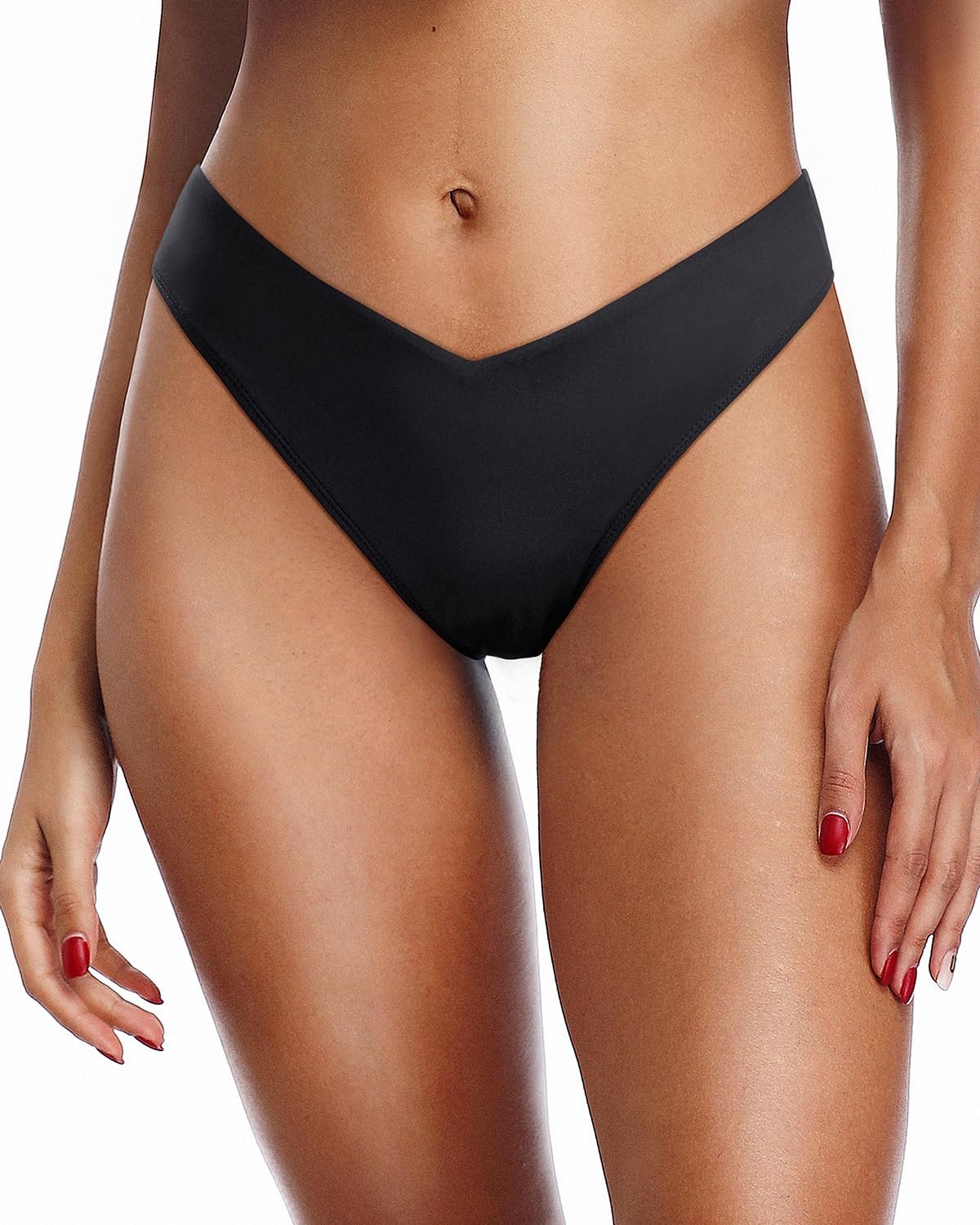 Zmart Women’s Black Cheeky Bikini Bottoms V Cut Swim Bottom High Swimsuit Low L