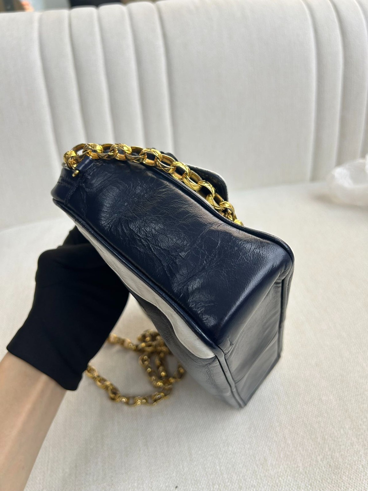 Chanel Camera Crossbody Bag Blue Leather Silver Flap Chain Pre-Owned France