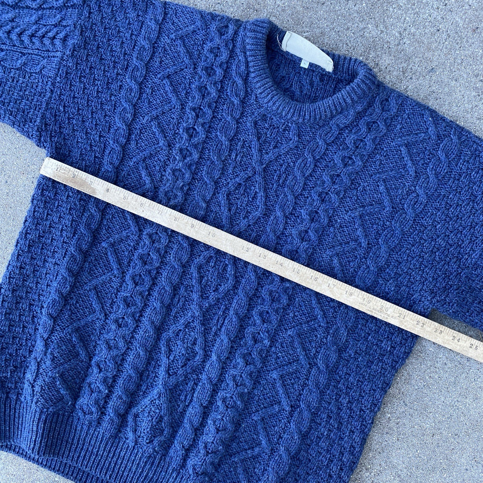 Aran Market Ireland Me‎rino Wool‎ Zig Zag Sweater‎ Blue Cableknit Fisherman L