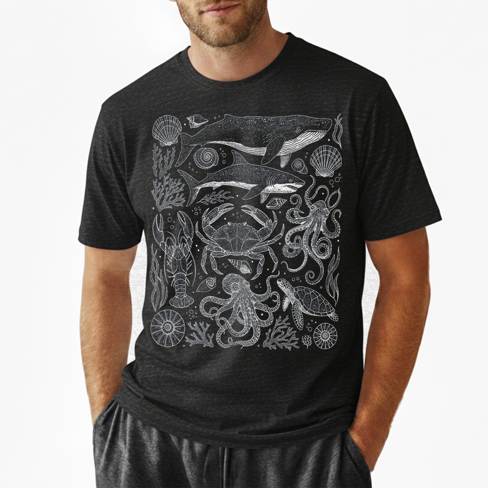 Marine Life Whale Crab Octopus Nautical Retro Engraving Vintage Gift Tee