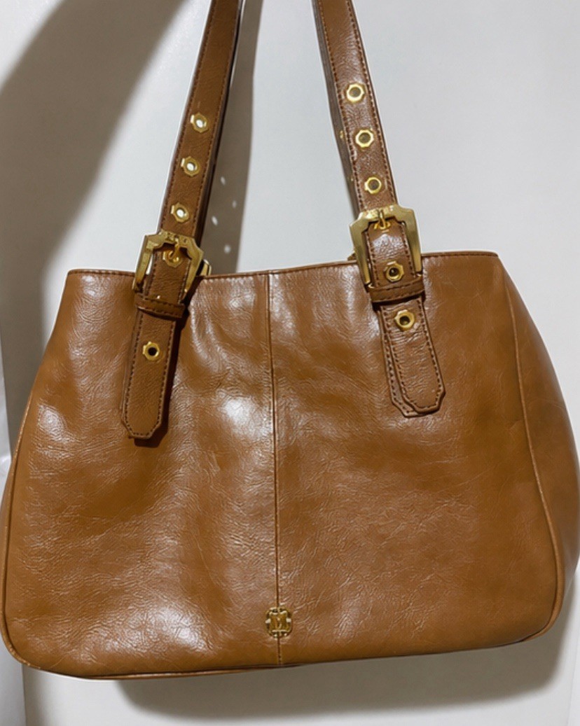 Monet Brown Logo Shoulder Bag Purse Shoulder Strap Gold Hardware Zip Magnetic