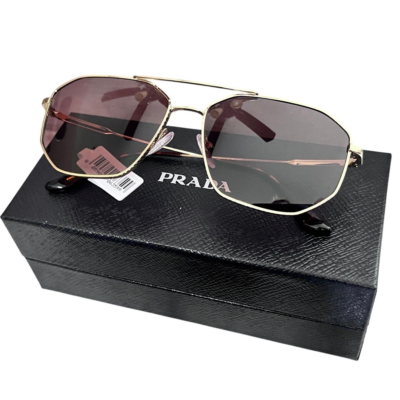 PRADA 60mm Gold Tone Geometric Pilot Sunglasses Case & Cloth ~ HTF