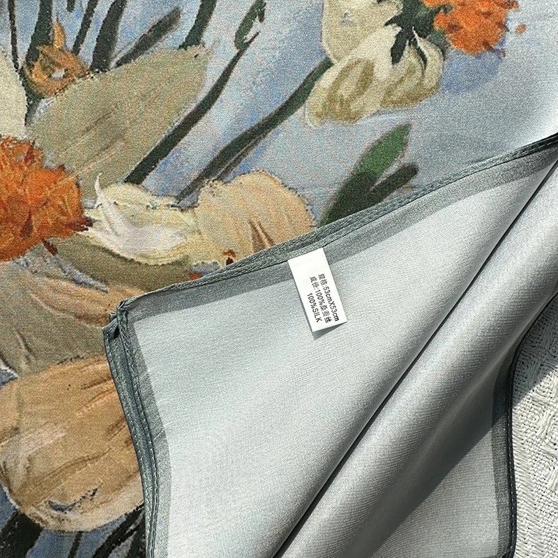 100% Pure Silk 21″ Square Scarf Women Blue Neckerchief Wrap Oil Painting Flowers