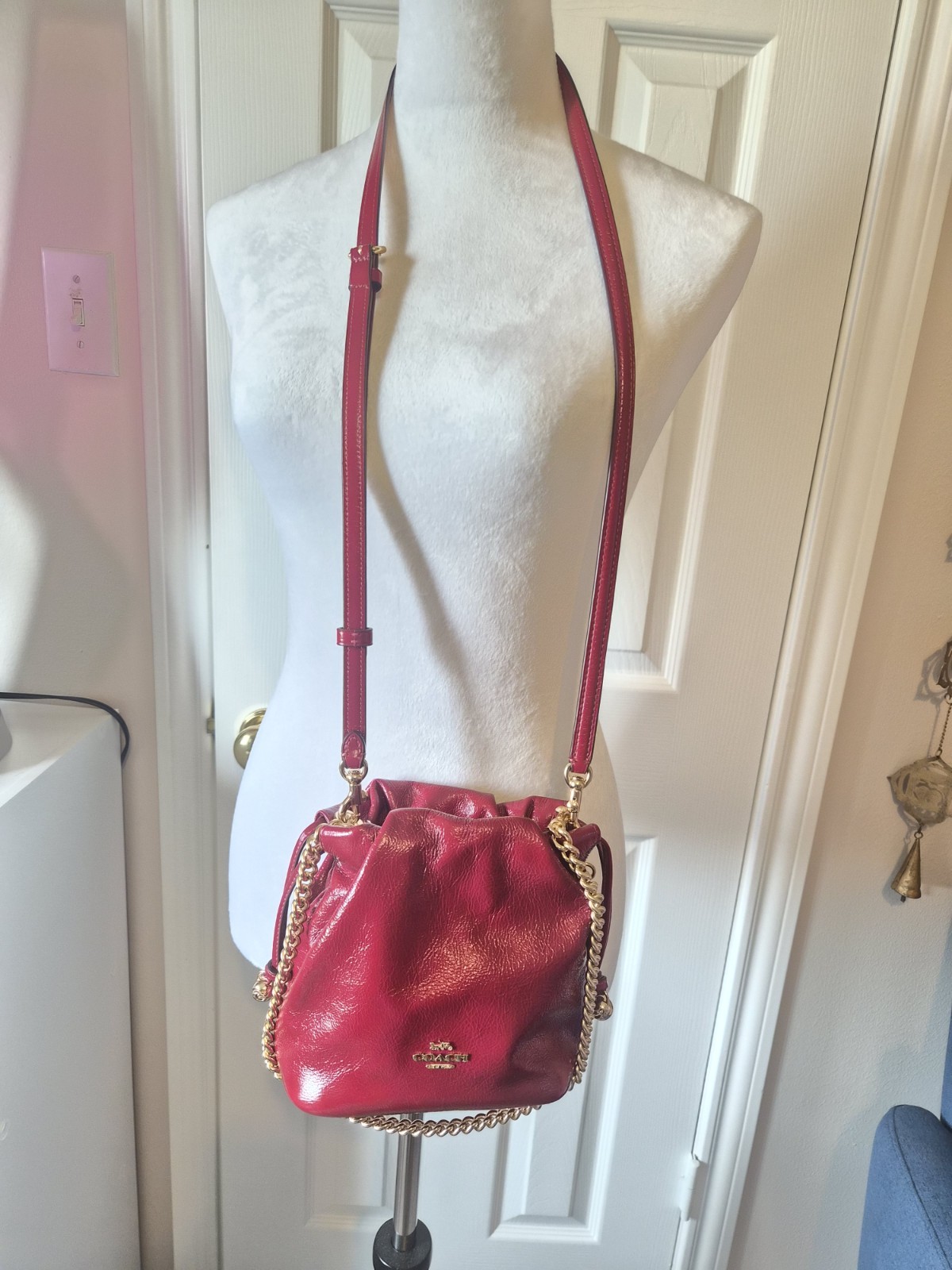 Coach Faye Mini Drawstring Bag In Crinkle Leather/Gold/Dark Cardinal CDB68 NWT