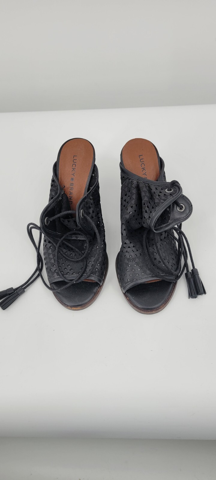 Lucky Brand Women Heel 6.5 Black Mule Lace Up Wedge High (3-3.9 in) Stylish