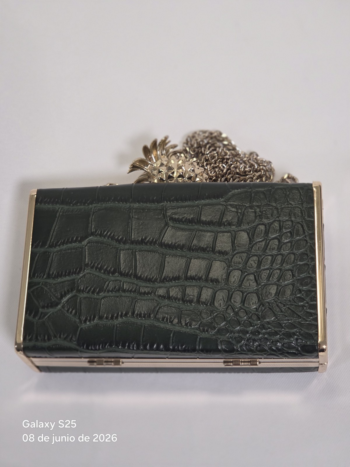 Zara Trafaluc Green Croc-Effect Box Clutch Gold Pineapple Clasp Chain