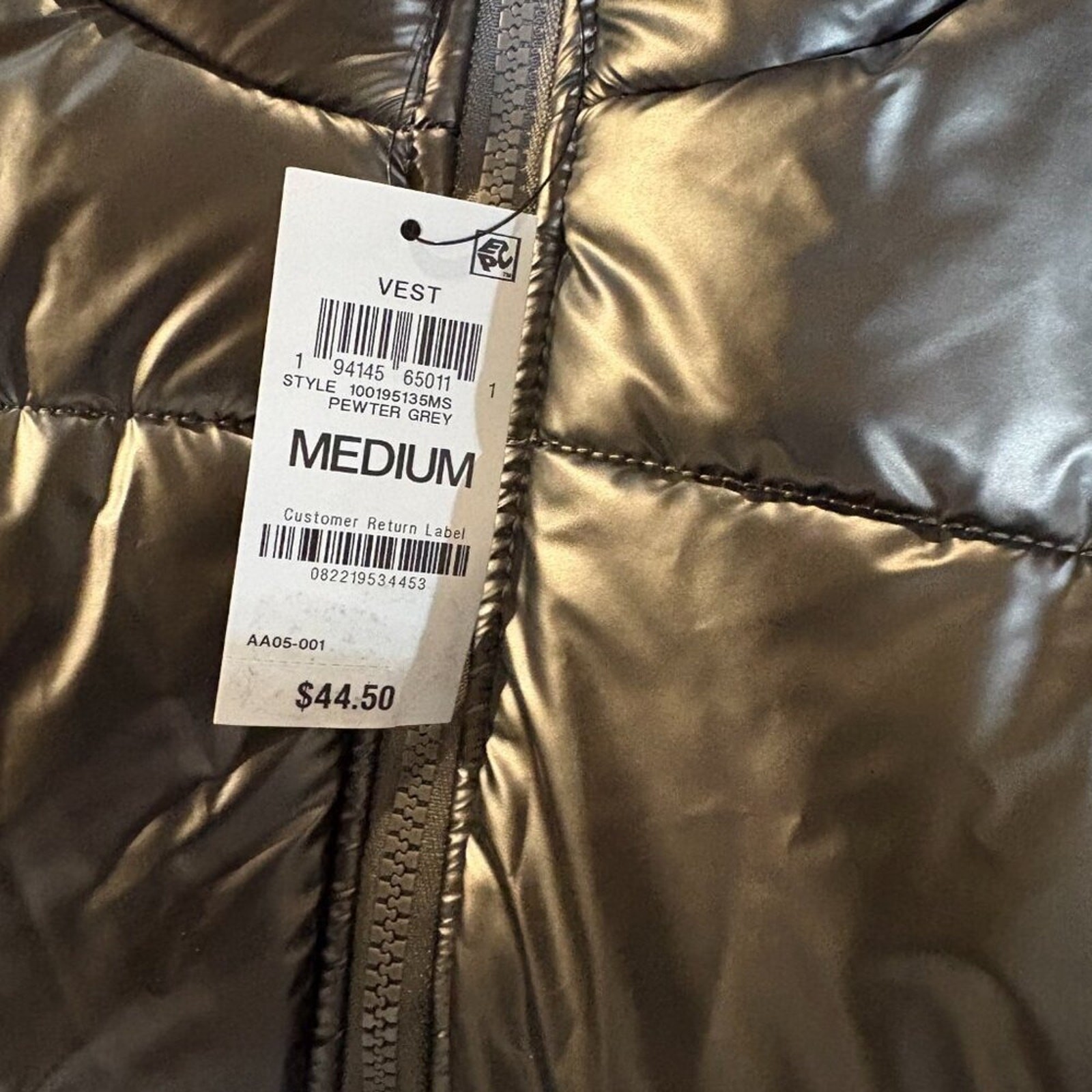 ID Ideology Metallic Pewter Grey Puffer Vest Size Medium