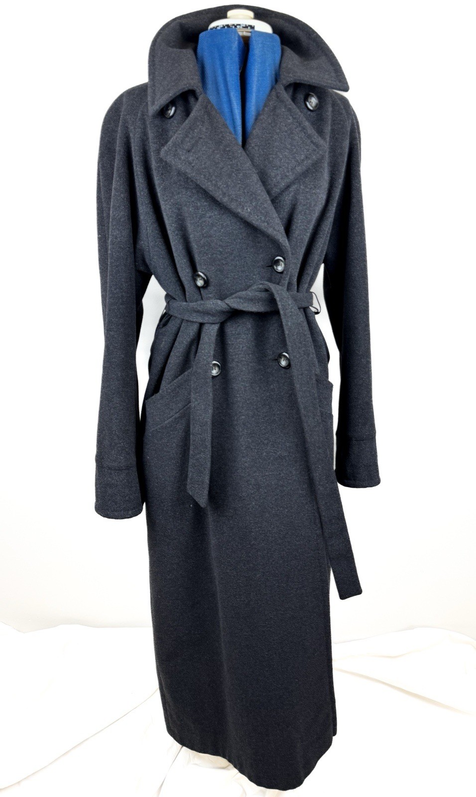 Vintage 90s BHS Virgin Wool Angora Maxi Coat Charcoal Grey Belted Overcoat UK14