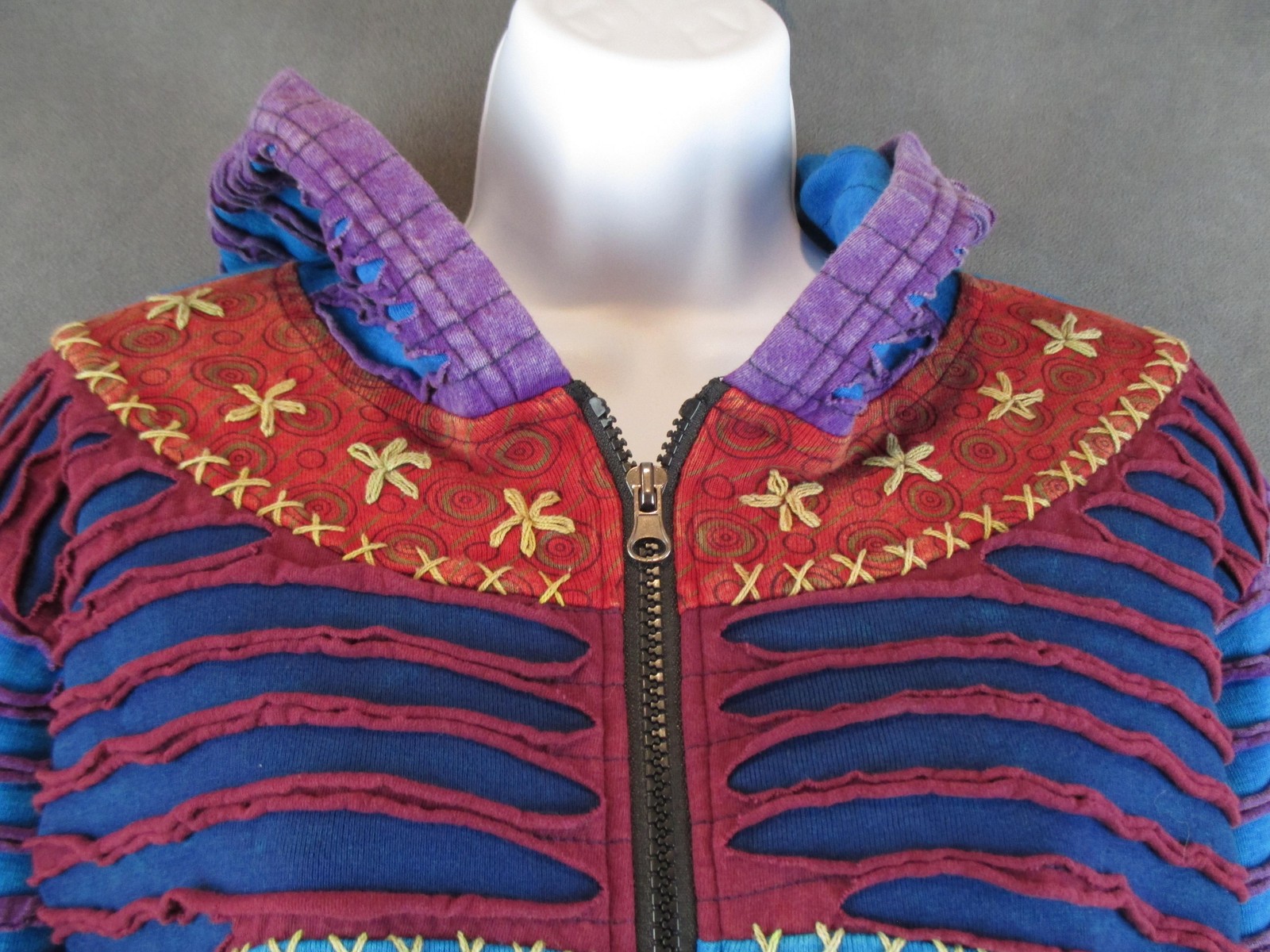 India Boutique Jacket Womens Medium Multicolor Hooded Embroidered Boho Hippie
